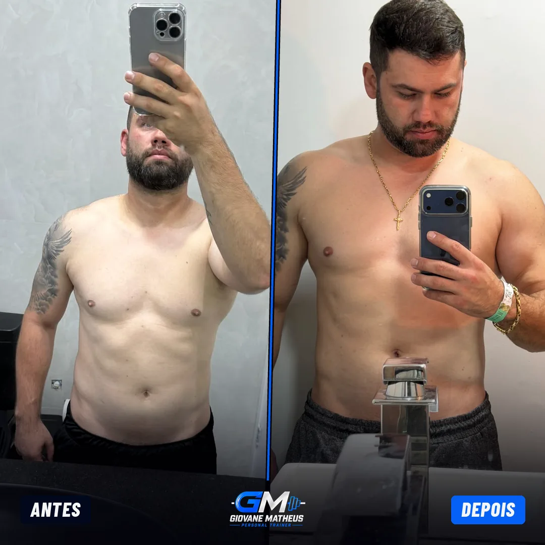 Antes e depois de aluno do personal trainer Giovane Matheus